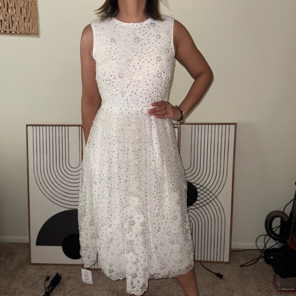 Self-Portrait White Sleeveless A-Line Midi Dress